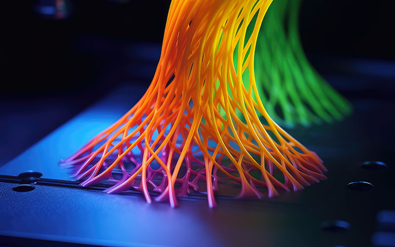 Close-up of a 3D printer's nozzle extruding vibrant colored fila