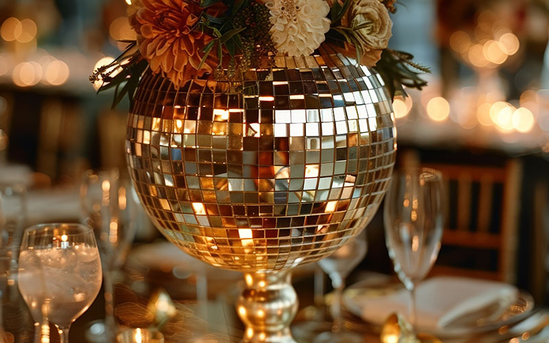 Elegant table setting with disco ball centerpiece