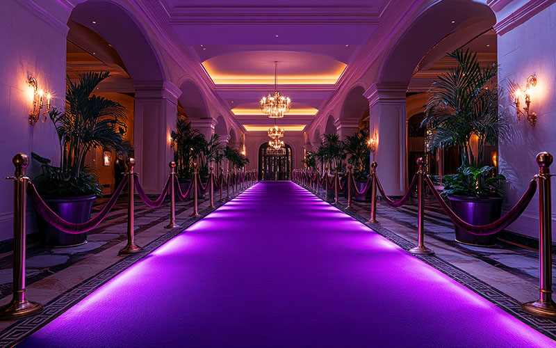 Elegant purple carpet hallway with chandeliers and luxury plants