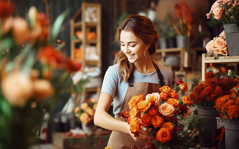Attractive woman florist working in flower shop. Orange flowers, autumn atmosphere