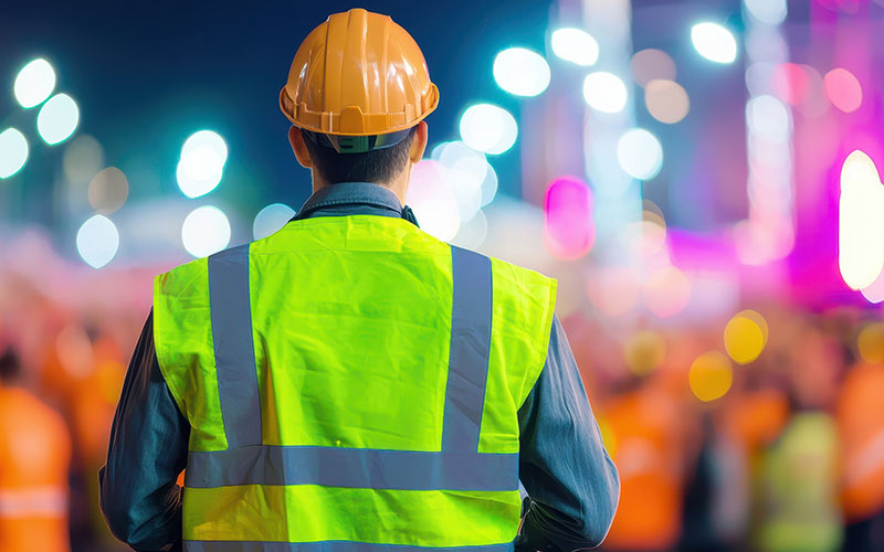 Construction worker overseeing site safety at night urban enviro