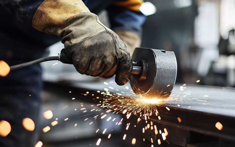 Steel fabricator polishing a custom metal frame in a workshop. F