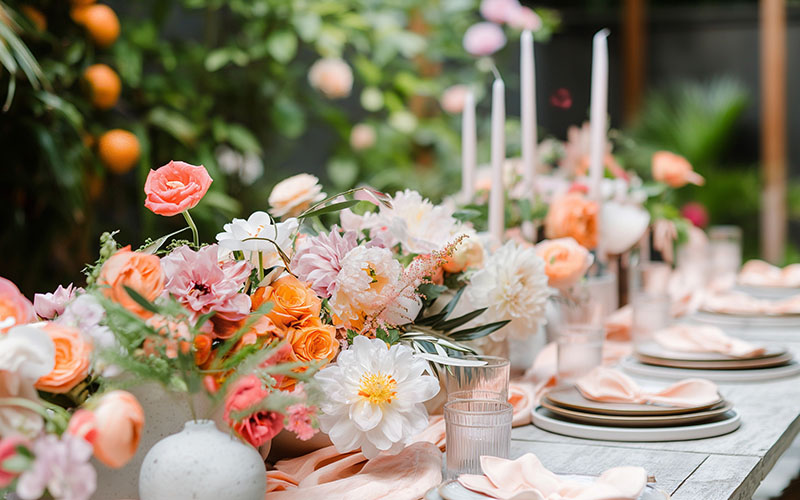 Elegant floral table setting at outdoor event great for wedding