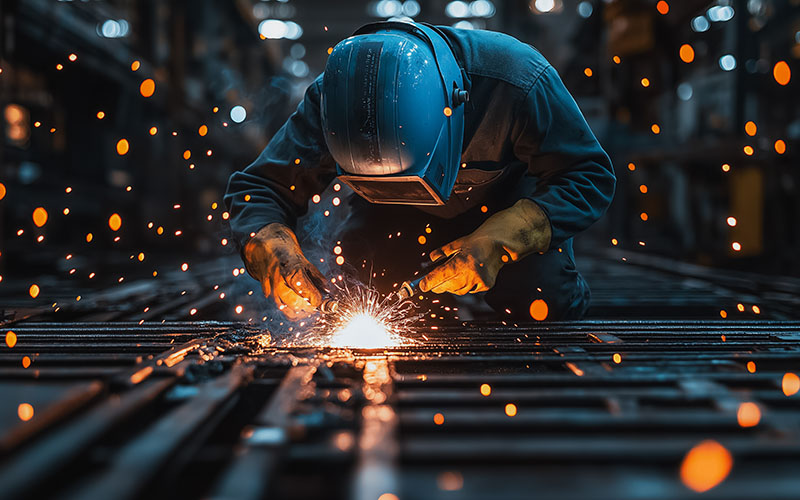 A man in a blue helmet is working on a piece of metal. The image has a mood of intensity and focus, as the man is bent over and working with his hands