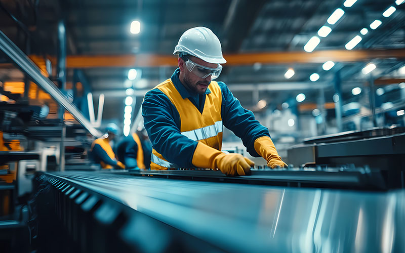 Industrial worker wearing safety glasses and gloves carefully assembling metal parts on a conveyor belt in a modern factory, demonstrating precision and expertise in manufacturing process