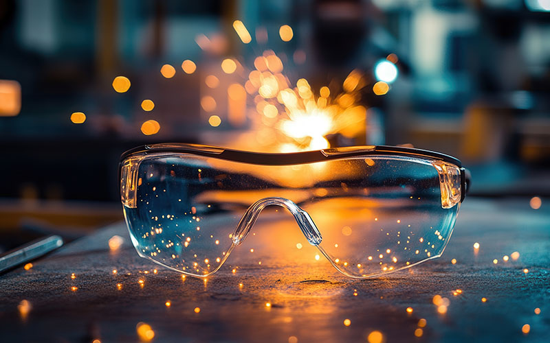 Close-up of Safety Glasses with Sparks in Industrial Setting