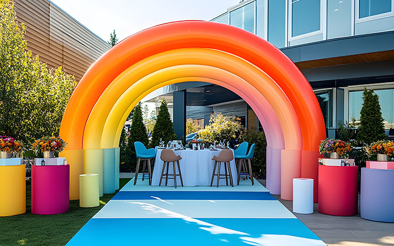A stylish event backdrop featuring a colorful arch, with various