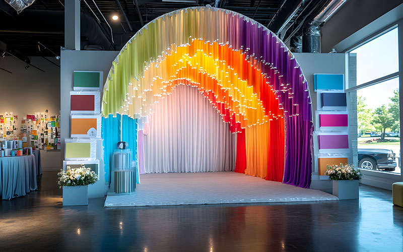 A stylish event backdrop featuring a colorful arch, with various