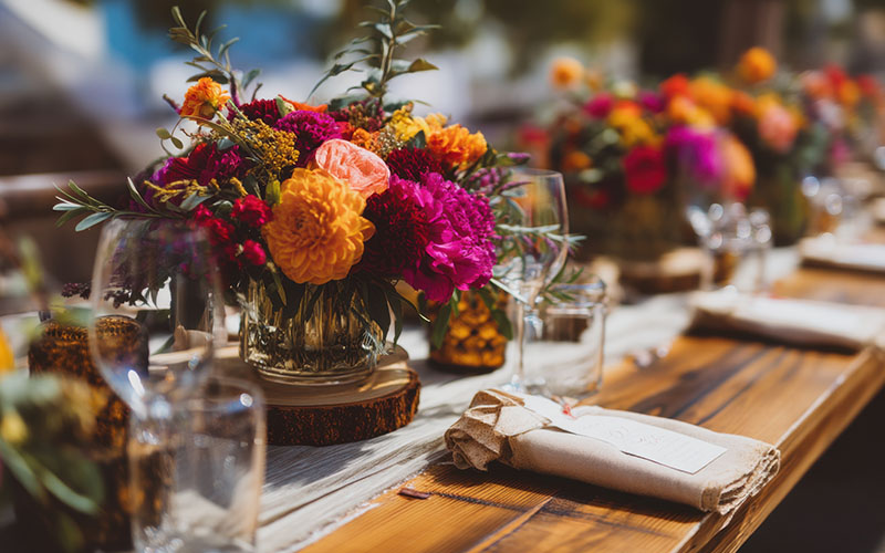 Elegant Floral Centerpieces on Rustic Wooden Table for a Wedding Reception, Representing Celebration and Memorable Event Planning : Generative AI
