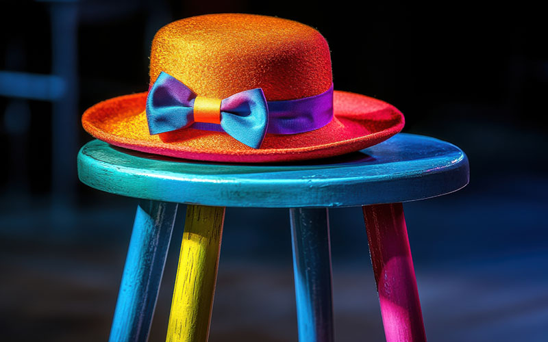 A vibrant, brightly colored hat rests on a multicolored wooden stool, creating a playful and artistic display. Perfect for themes of creativity and fun.