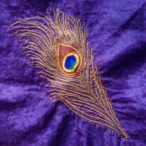 90"x90" Purple Embroidered Peacock Feather Taffeta Overlay
