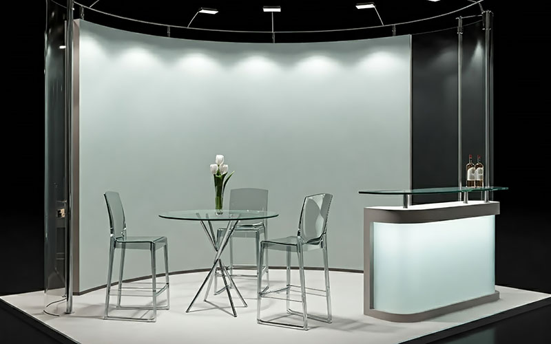 Modern, minimalist exhibition stand featuring a round glass tabl