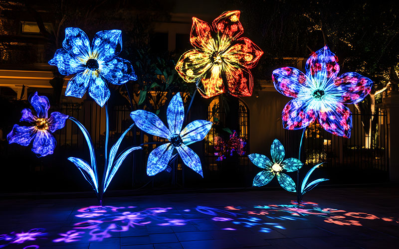 Illuminated flower sculptures at night