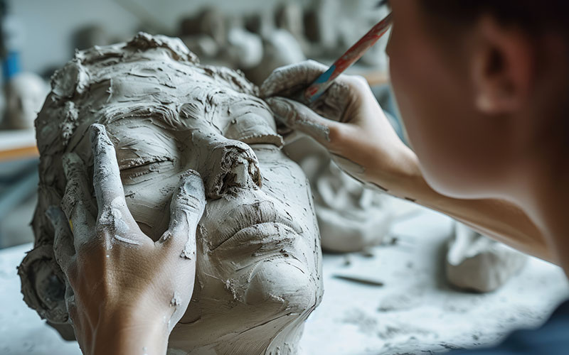 Using water and clay, the artist crafts a sculpture of a man's head, focusing on the jaw for an intricate carving. This art form dates back to ancient history. AIG41