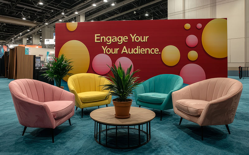 Vibrant Plush Chairs Ensemble in Convention Center Colorful Seating Area with Bold Red Wall, Festive Circles, and Engaging Signage - Marketing and Interior Design Concept