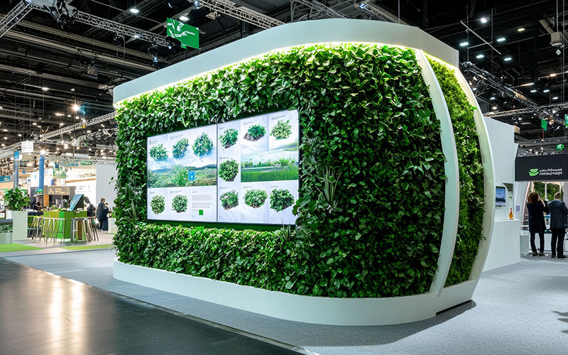 Green wall display booth with lush plants at a trade show exhibition showcasing sustainable and eco-friendly design. Event innovation concept