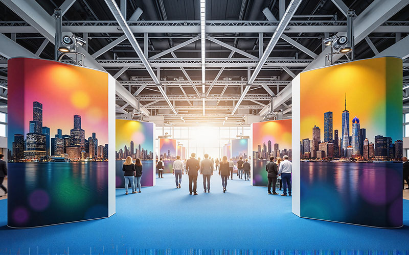 Colorful trade show banners in convention center, vibrant presen