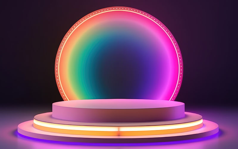 Vibrant neon podium with colorful halo.