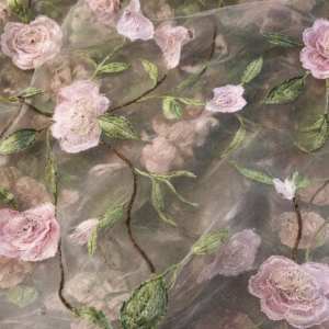 90"X90" Taupe w/Pink Flowers & Green Leaves Organza Overlay